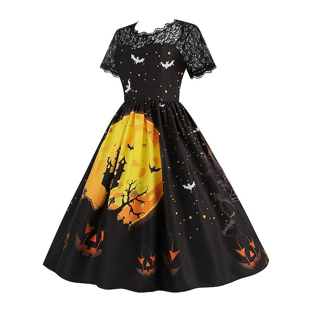 Women's Halloween Dress Retro 1950s Vintage Dress Midi Dress Holiday Lace Patchwork Graphic V Neck Short Sleeve Regular Fit Spring Fall 2023 Black Blue S M L XL