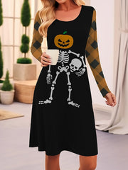 Women's Halloween Dress T Shirt Dress Casual Dress Winter Dress Plaid Skull Print Crew Neck Midi Dress Vintage Halloween Holiday Long Sleeve Loose Fit Black Yellow Orange Spring Fall S M L XL XXL