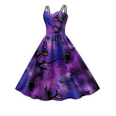 Women's Halloween Dress Retro 1950s Vintage Dress Midi Dress Holiday Backless Print Pumpkin Spaghetti Strap Sleeveless Regular Fit Spring Fall 2023 Deep Purple Purple S M L XL