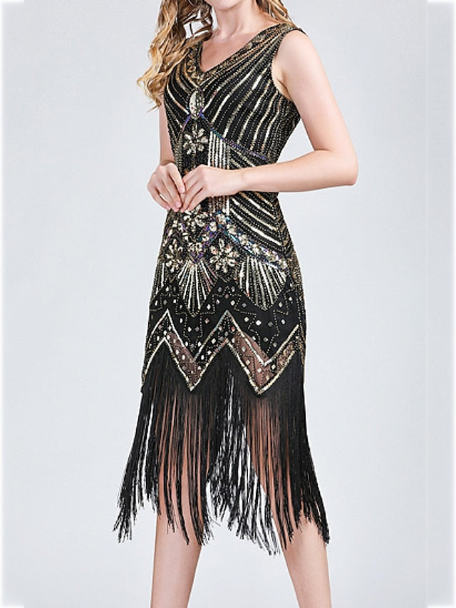 Women's Halloween Dress Retro 1920s Fringe Dress Midi Dress Party Outdoor Sequins Tassel Fringe Plain V Neck Sleeveless Regular Fit Summer Spring 2023 claret Black S M L XL