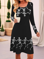 Women's Halloween Dress T Shirt Dress Casual Dress Winter Dress Plaid Skull Print Crew Neck Midi Dress Vintage Halloween Holiday Long Sleeve Loose Fit Black Yellow Orange Spring Fall S M L XL XXL