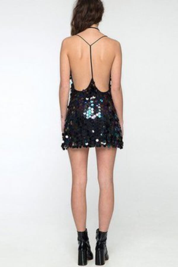 Hoobd Sexy Sequin V Neck Backless Mini Dress