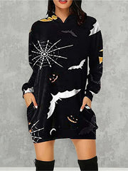 Women's Halloween Dress Casual Dress Hoodie Dress Mini Dress Fashion Daily Outdoor Vacation V Neck Pocket Print Skull Pumpkin Spider Loose Fit Black White Red S M L XL XXL