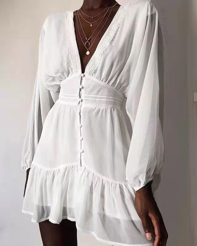 Hoobd Sexy Low-Cut Ruffle Bow A-Line Women Dress Lantern Sleeve V-Neck Slim Style Fashion Party Club Dress Spring Female Clothing