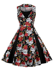 Women's Halloween Dress Retro 1950s Vintage Dress Midi Dress Party Button Print Floral V Neck Sleeveless Regular Fit Summer Spring 2023 claret Red black S M L XL