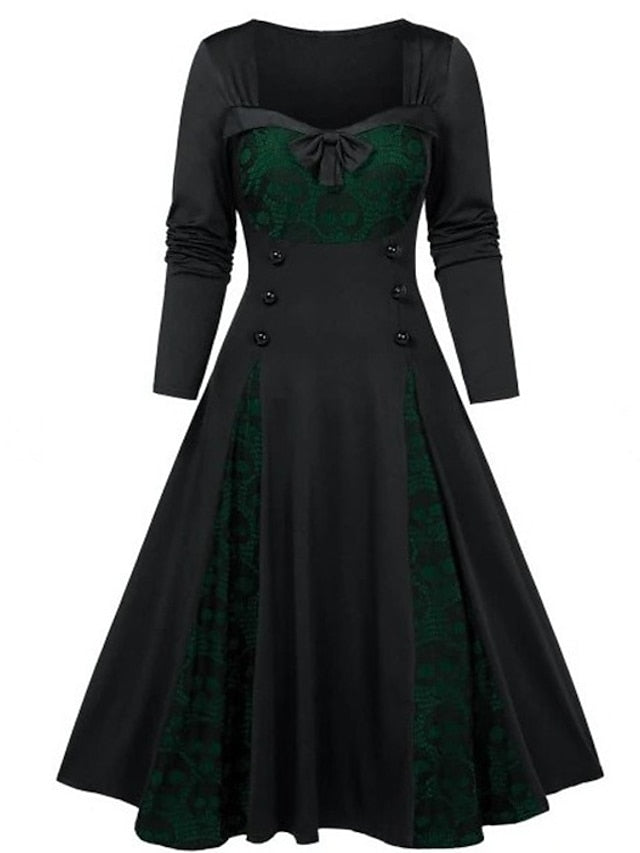 Women's Halloween Dress Vintage Dress Gothic Dress Midi Dress Green Blue Purple Wine Red White Black Long Sleeve Skull Pumpkin Print Patchwork Button Winter Fall Boat Neck Party Fall Dress 2023