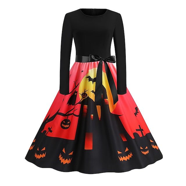 Women's Halloween Dress Retro 1950s Vintage Dress Midi Dress Holiday With Belt Bow Graphic Crew Neck Long Sleeve Regular Fit Spring Fall 2023 Pink Red S M L XL