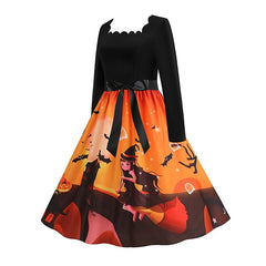 Women's Halloween Dress Retro 1950s Vintage Dress Midi Dress Holiday With Belt Bow Pumpkin Square Neck Long Sleeve Regular Fit Spring Fall 2023 Black Yellow S M L XL