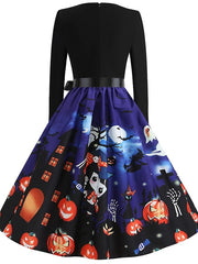 Women's Halloween Dress A Line Dress Knee Length Dress White Blue Orange Long Sleeve Print Pumpkin Ghost Patchwork Bow Print Fall Winter V Neck Hot Elegant Vintage Slim 2023 S M L XL XXL
