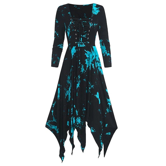 Women's Halloween Dress Retro 1950s Vintage Dress Midi Dress Halloween Daily Drawstring Print Tie Dye Crew Neck 3/4 Length Sleeve Regular Fit Spring Fall 2023 Red Blue S M L XL