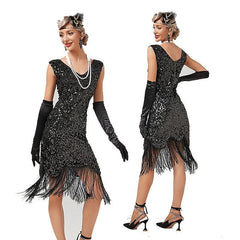 Women's Retro 1920s Fringe Dress Midi Dress Party Holiday Sequins Tassel Fringe Floral V Neck Sleeveless Regular Fit Spring Fall 2023 Black Pink XS S M L