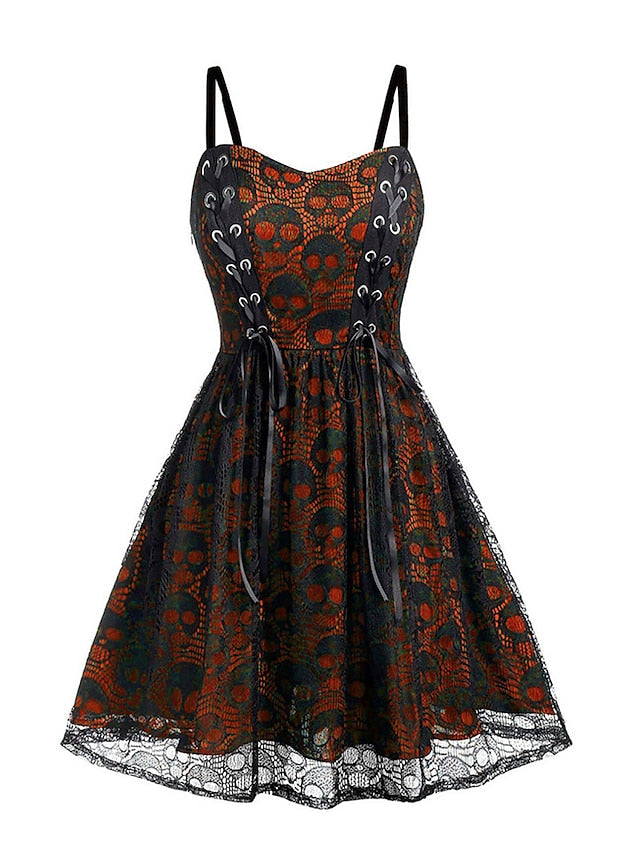 Women's Halloween Dress Vintage Retro Vintage Dress Midi Dress Outdoor Lace Drawstring Skull Spaghetti Strap Sleeveless Regular Fit Summer Spring 2023 Black Grey Black and Blue S M L XL