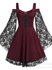Women's Halloween Dress Plus Size Party Dress Solid Color Crew Neck Lace Long Sleeve Fall Winter Elegant Knee Length Dress Party Dress / Skull