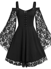 Women's Halloween Dress Plus Size Party Dress Solid Color Crew Neck Lace Long Sleeve Fall Winter Elegant Knee Length Dress Party Dress / Skull