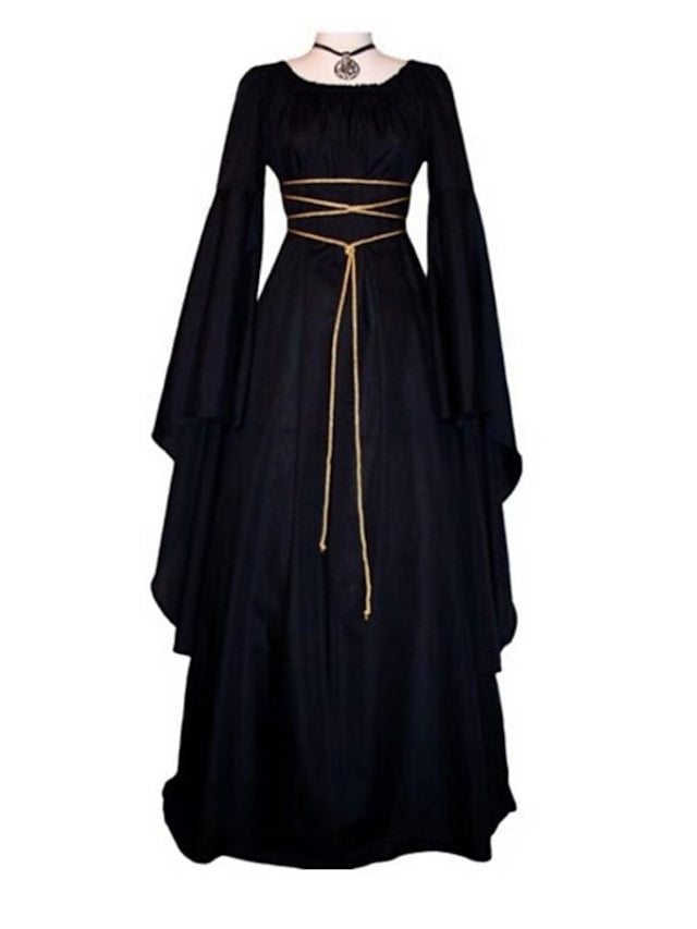 Women's Halloween Dress Swing Dress Black Dress Maxi long Dress Black White Wine Long Sleeve Pure Color Lace up Fall Winter Autumn Round Neck Stylish Winter Dress Fall Dress 2023