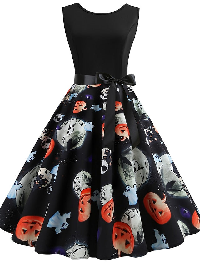 Women's Halloween Dress Swing Dress Knee Length Dress White Orange Red Light Blue Sleeveless Skull Pumpkin Print Patchwork Print Spring Summer Crew Neck Vintage 1950s Party Slim 2023 S M L XL XXL