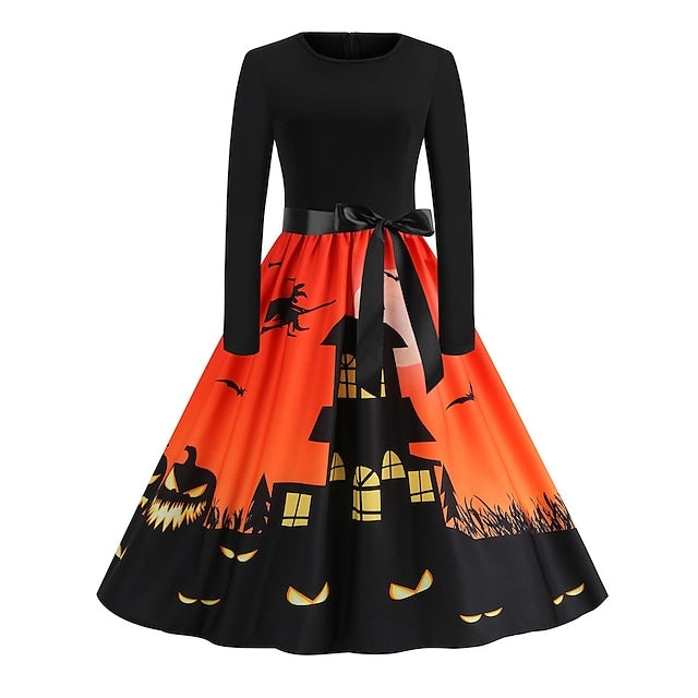 Women's Halloween Dress Retro 1950s Vintage Dress Midi Dress Holiday With Belt Bow Graphic Crew Neck Long Sleeve Regular Fit Spring Fall 2023 Pink Red S M L XL