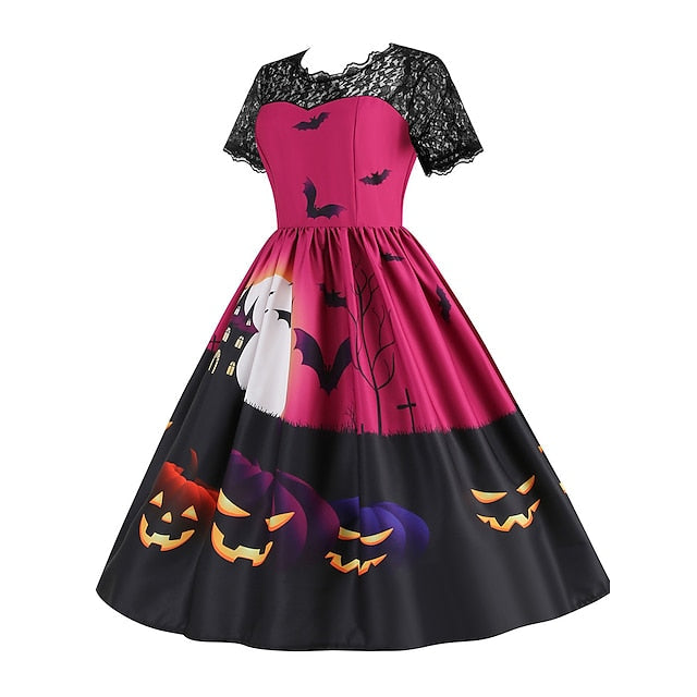 Women's Halloween Dress Retro 1950s Vintage Dress Midi Dress Holiday Lace Patchwork Graphic V Neck Short Sleeve Regular Fit Spring Fall 2023 Black Blue S M L XL