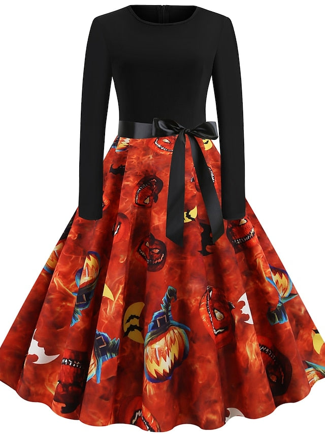 Women's Halloween Dress A Line Dress Knee Length Dress Black Blue Wine Long Sleeve Pumpkin Spider Print Pumpkin Bow Print Fall Winter Crew Neck Hot Vintage Slim 2023 S M L XL XXL