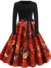 Women's Halloween Dress A Line Dress Knee Length Dress Black Blue Wine Long Sleeve Pumpkin Spider Print Pumpkin Bow Print Fall Winter Crew Neck Hot Vintage Slim 2023 S M L XL XXL