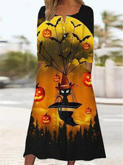 Women's Halloween Dress Casual Dress Print Dress Spring Dress Graphic Button Pocket Crew Neck Midi Dress Fashion Streetwear Outdoor Daily Long Sleeve Regular Fit Light Yellow Black Yellow