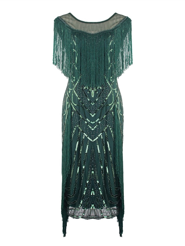 Women's Halloween Dress Party Dress Fringe Dress Sequin Dress Midi Dress Green Black Gold Short Sleeve Striped Sequins Spring Fall Crew Neck 1920s Party 2023 Style M L XL XXL 3XL