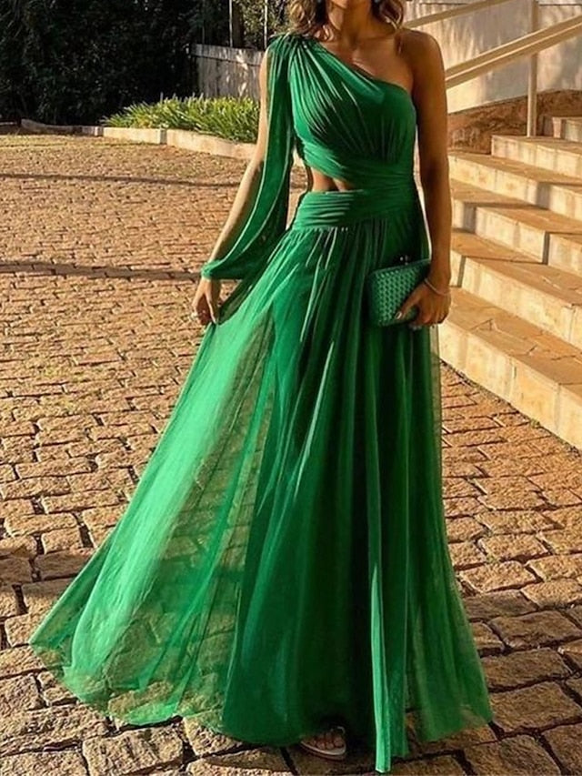 Women's Prom Dress Party Dress Cut Out Dress Long Dress Maxi Dress Green Long Sleeve Pure Color Backless Spring Fall Winter One Shoulder Fashion Birthday Evening Party Wedding Guest 2023 S M L XL