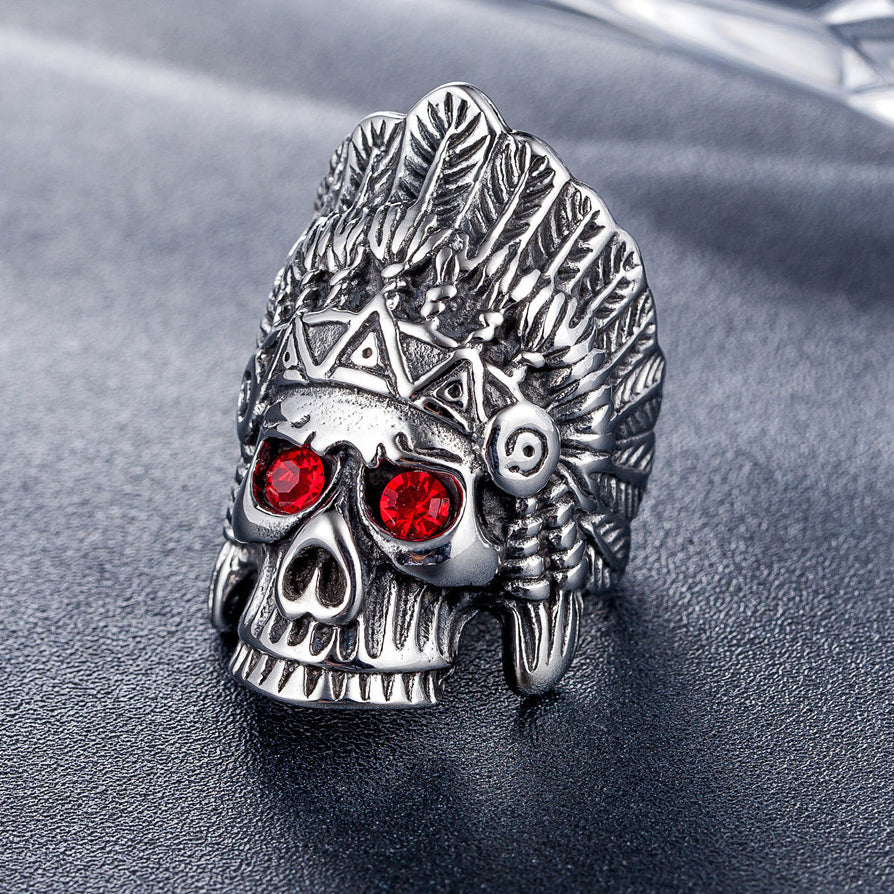 Halloween Red Eye Indian Chief Skull Head Stainless Steel Ring for Men