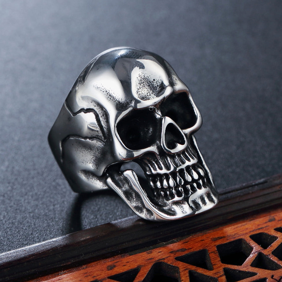 Halloween Punk Polished Skeleton Head Titanium Steel Ring for Men