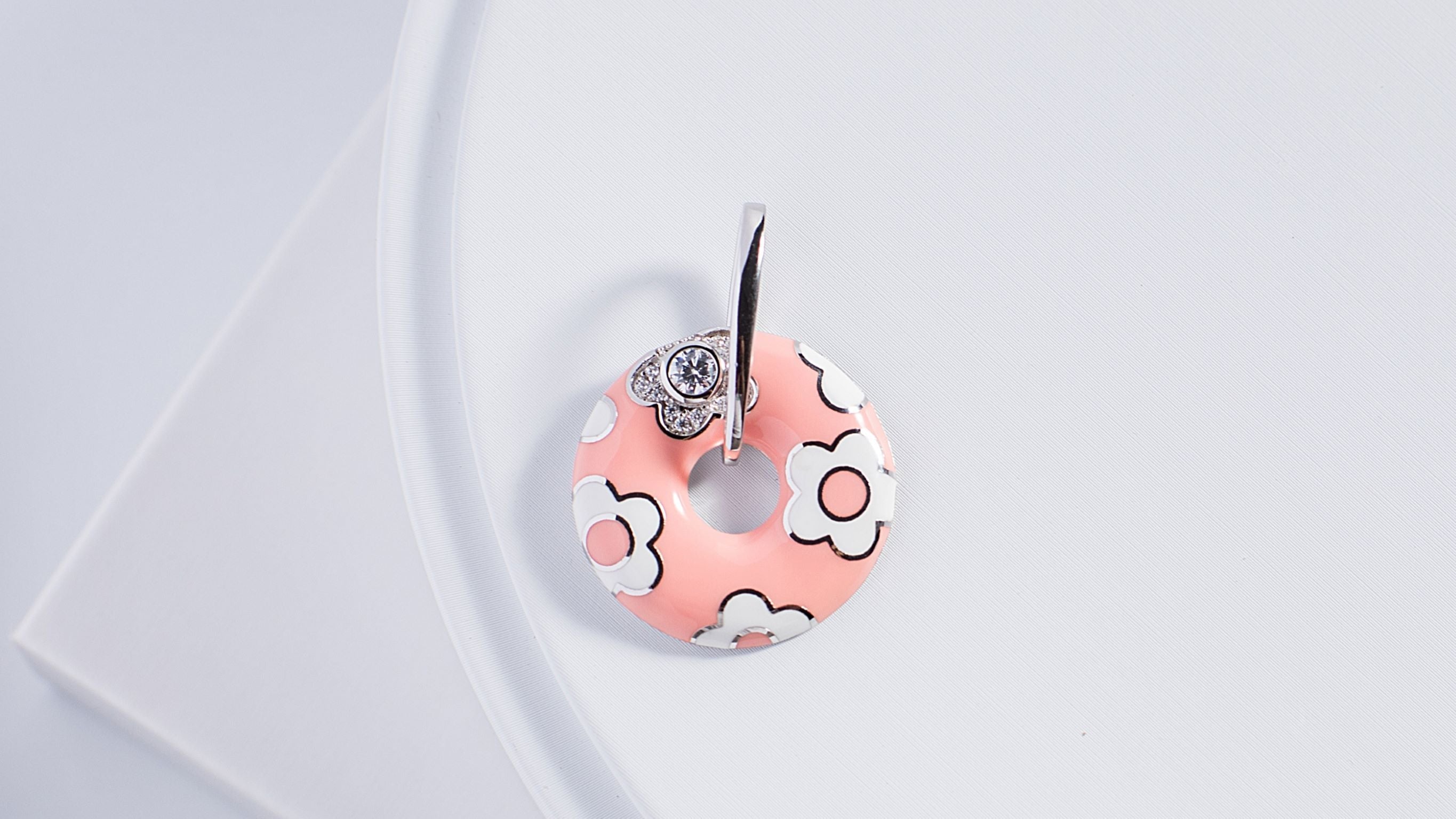 Strawberry Donut Enamel Silver Pendant