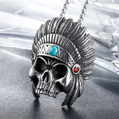 Halloween American Indian Skull Fighter Titanium Steel Necklace for Men