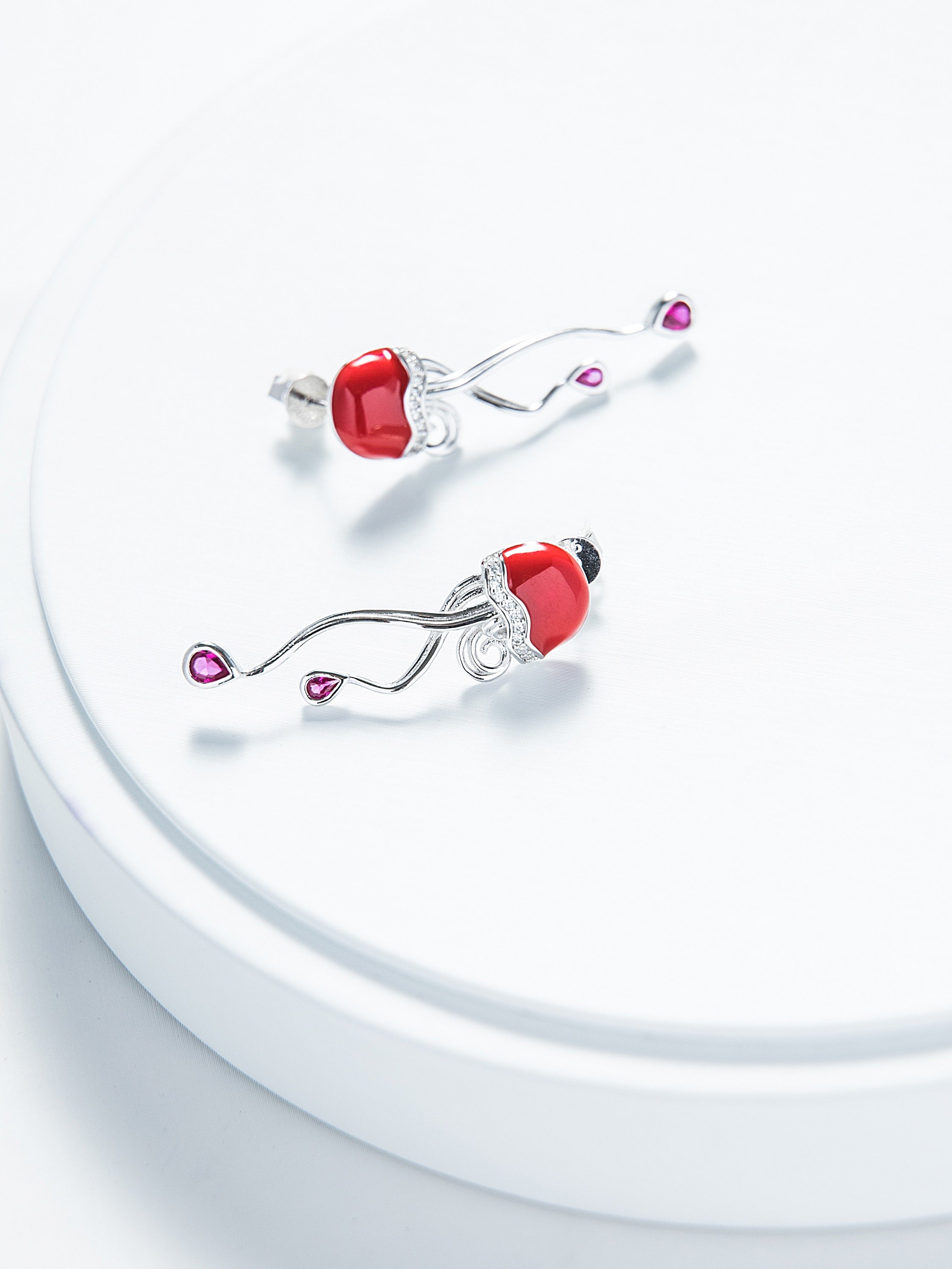 Red Jellyfish Enamel Silver Earrings for Women