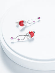 Red Jellyfish Enamel Silver Earrings for Women