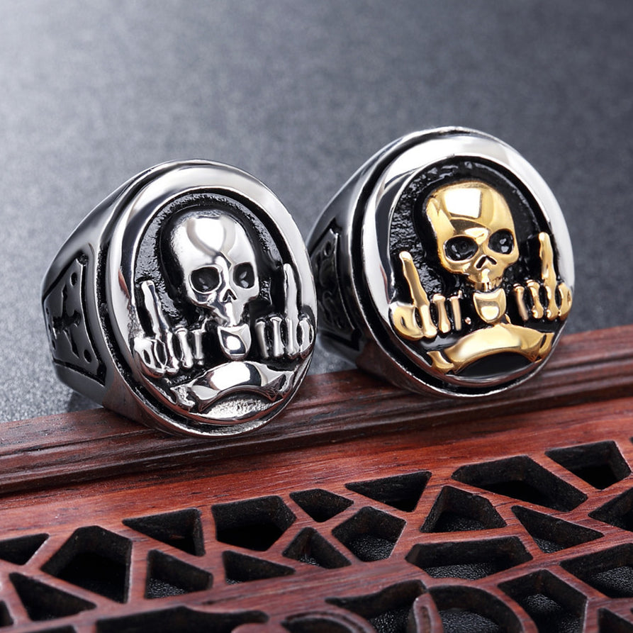 Halloween Middle Finger Skull Titanium Steel Ring for Men