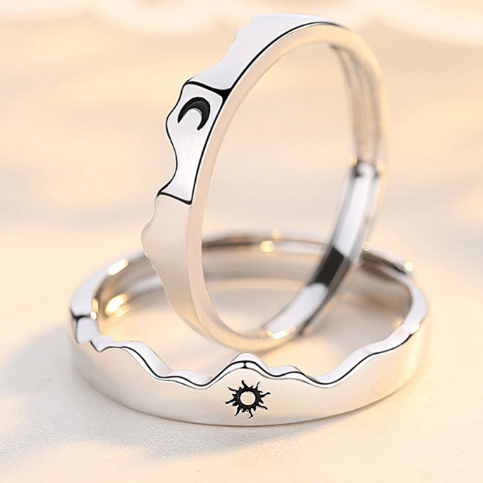 Sun and Moon Mountain Silver Couple Ring
