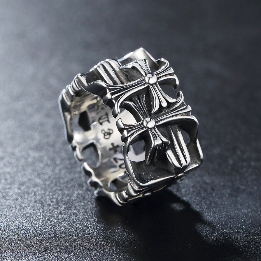 Hollow Forward Reverse Cross Flower Square Titanium Steel Ring for Men