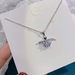 Six Prongs Round Zircon with Wings Pendant Silver Necklace for Women