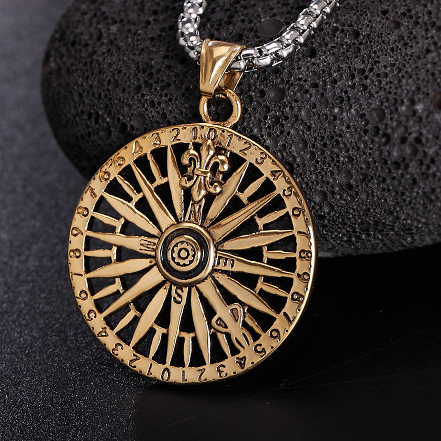 Childern Flower Number Compass Titanium Steel Necklace for Men