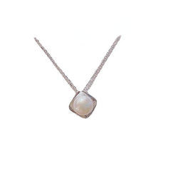 Round Natural Pearl Square Pendant Silver Necklace for Women