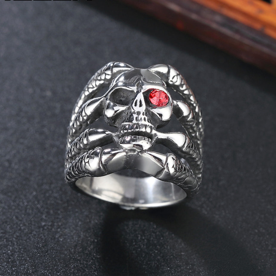 Halloween Ghost Claw Red Zircon Skull Titanium Steel Ring for Men