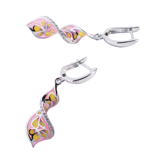 Spiral Shape Pink Enamel Silver Drop Earrings