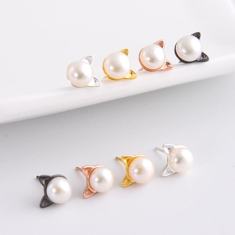 Pearl Little Cat Silver Stud Earrings for Women