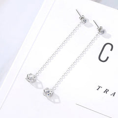 Two Wearing Rubik's Cube with Zircon Long Style Silver Drop Earrings for Women