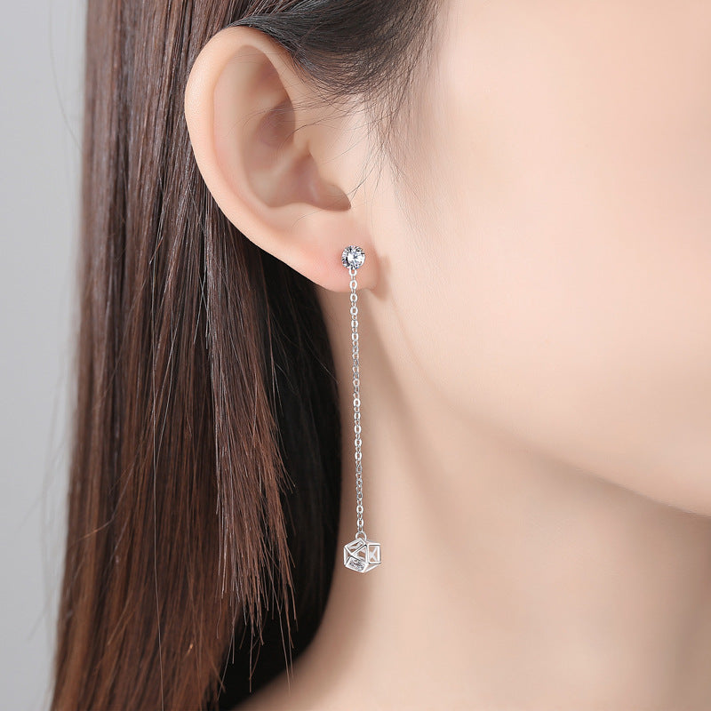 Two Wearing Rubik's Cube with Zircon Long Style Silver Drop Earrings for Women