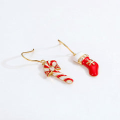 Christmas Crutch and Stocking Asymmetric Zircon Sterling Silver Hook Earrings