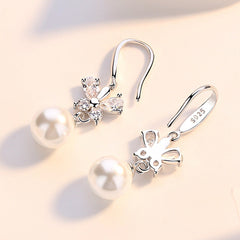 Zircon Butterfly with Pearl Pendant Silver Drop Earrings for Women