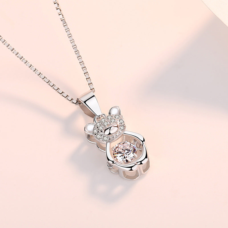 (Pendant Only) Little Bear with Zircon Silver Pendant for Women