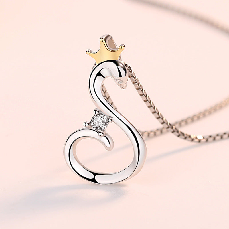 (Pendant Only) Swan Wear Crown with Zircon Silver Pendant for Women