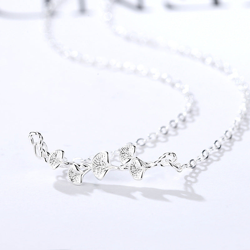 Gingko Leaf Branch Pendant Silver Necklace for Women