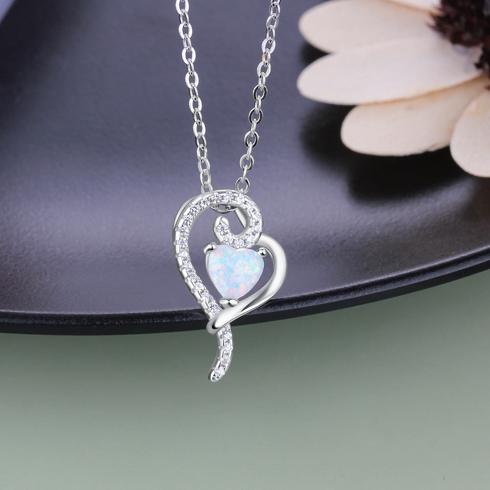 Oblique Heart Pendant with Heart Shape Opal Zircon Sterling Silver Necklace